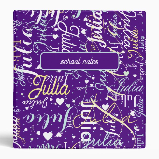 School Notes Names and Hearts purple 3 Ring Binder (Front)