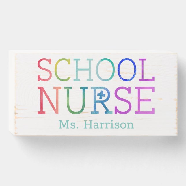 School Nurse Rainbow Typography Personalized Wooden Box Sign (Front Horizontal)