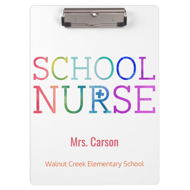 School Nurse Watercolor Typography Personalized Clipboard (Front)
