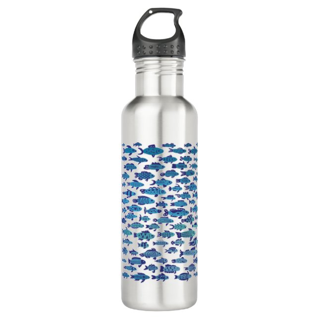 School of Blue Sardine Fish Swimming Stainless Steel Water Bottle (Front)