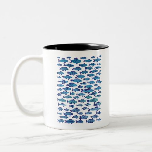 School of Blue Sardine Fish Swimming Two_Tone Coffee Mug