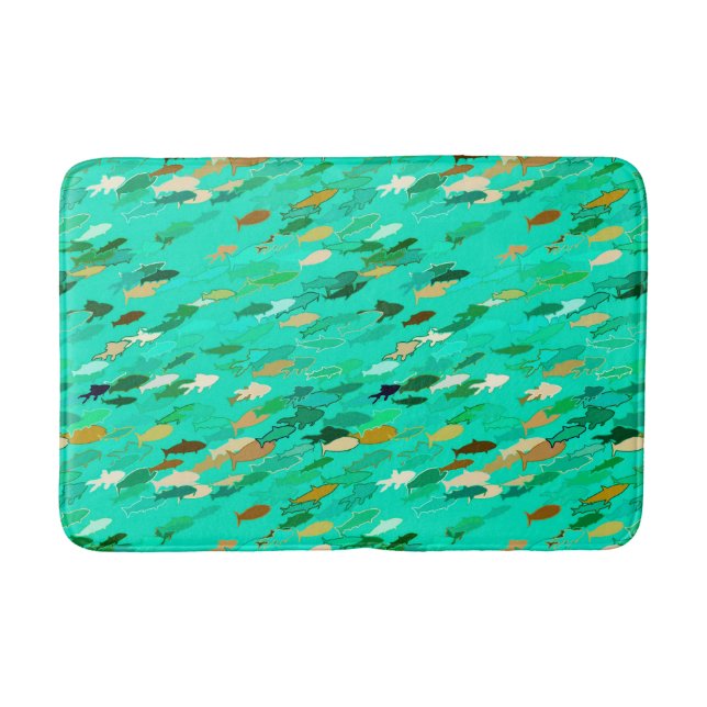 School of Fish, Aqua, Green and Gold Bathroom Mat (Front)