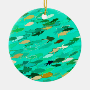 School of Fish, Aqua, Green and Gold Ceramic Ornament