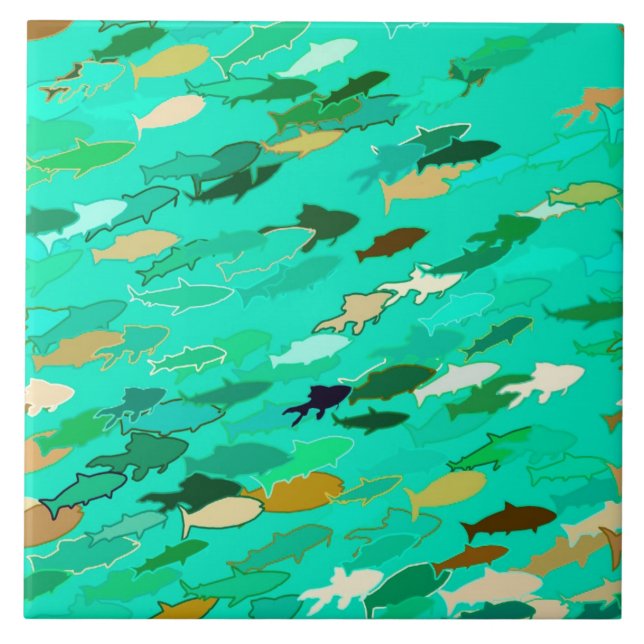 School of Fish, Aqua, Green and Gold Ceramic Tile (Front)