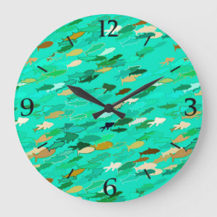 School of Fish, Aqua, Green and Gold Large Clock