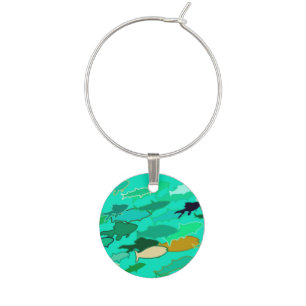 School of Fish, Aqua, Green and Gold Wine Glass Charm