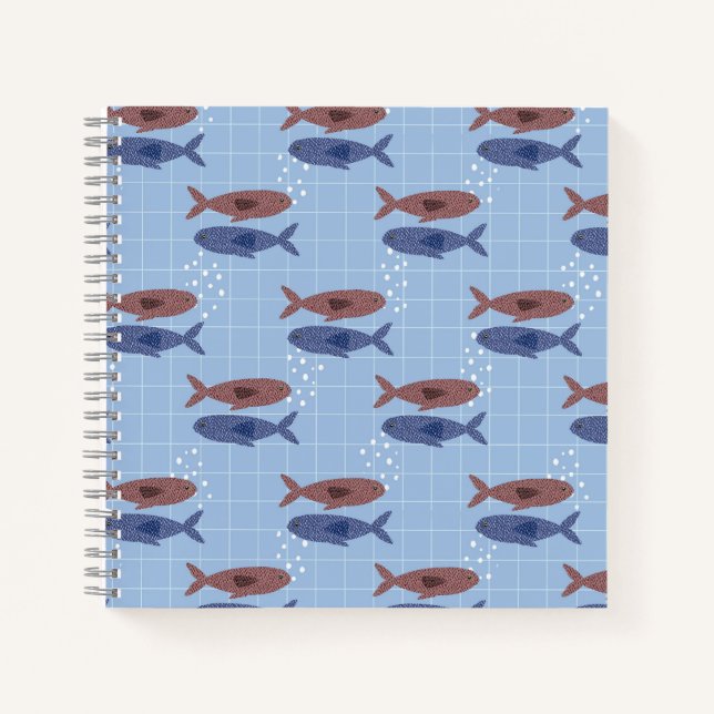 School of Fish Blue Grid Pattern Notebook (Front)