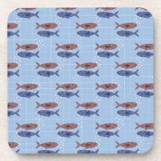 School of Fish Blue Grid Pattern Notebook Beverage Coaster