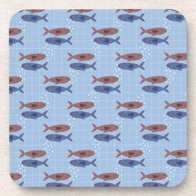 School of Fish Blue Grid Pattern Notebook Beverage Coaster (Front)