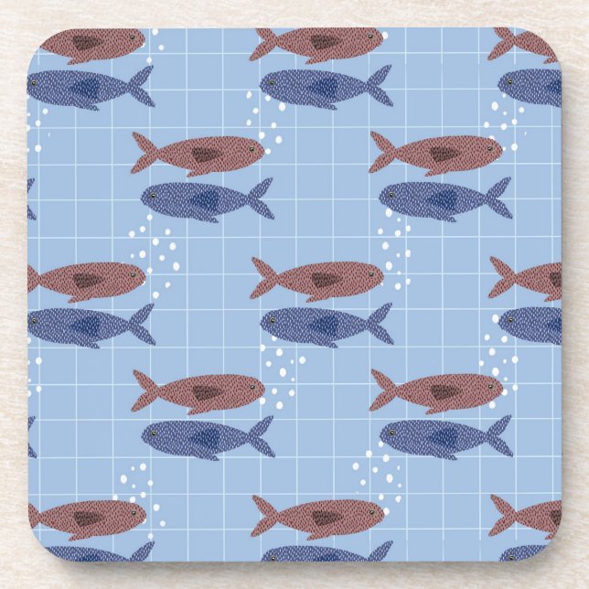 School of Fish Blue Grid Pattern Notebook Beverage Coaster (Front)