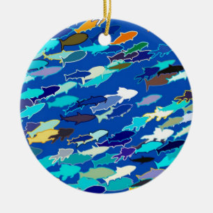 School of Fish, Dark Blue, White and Turquoise Ceramic Ornament