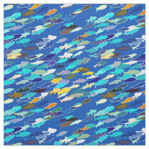 School of Fish, Dark Blue, White and Turquoise Fabric