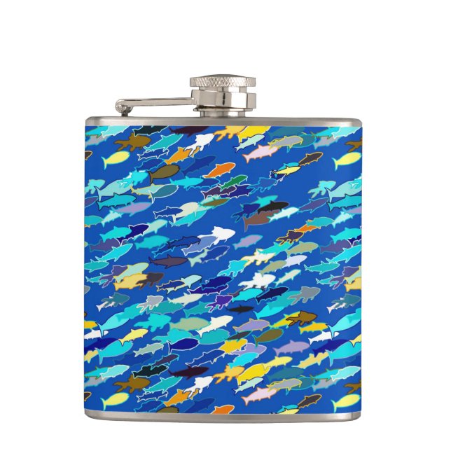 School of Fish, Dark Blue, White and Turquoise Flask (Front)