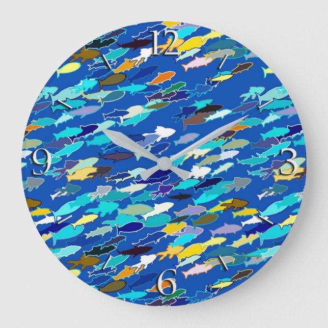 School of Fish, Dark Blue, White and Turquoise Large Clock (Front)