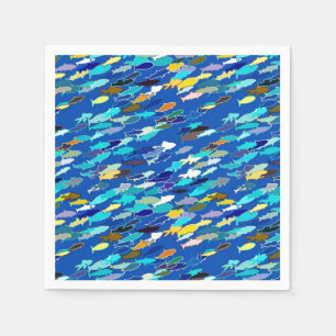School of Fish, Dark Blue, White and Turquoise Napkins