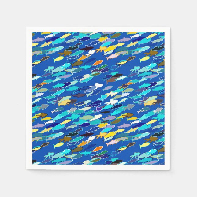 School of Fish, Dark Blue, White and Turquoise Napkins (Front)