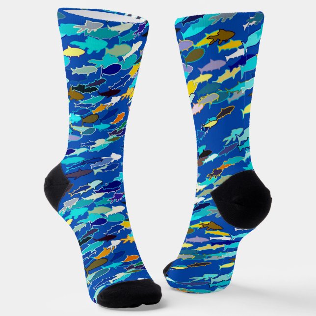 School of Fish, Dark Blue, White and Turquoise Socks (Angled)