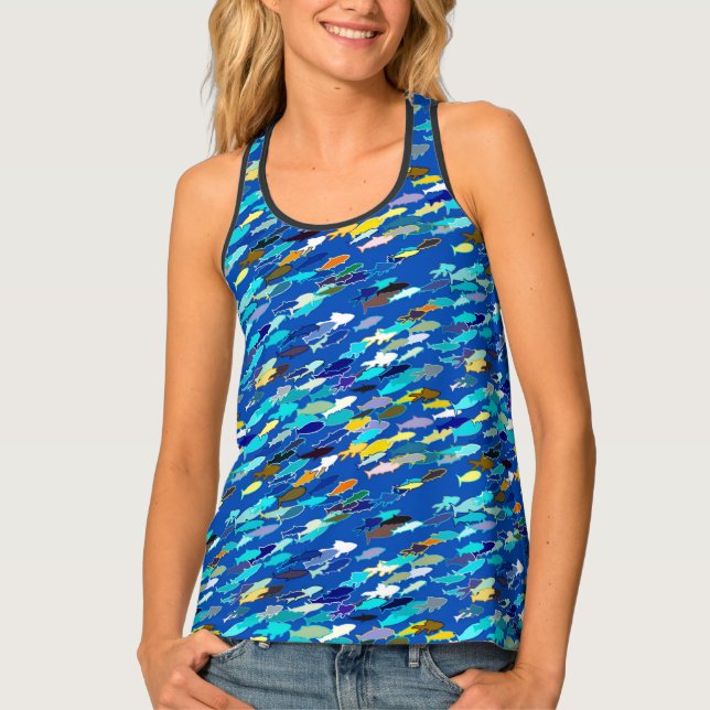 School of Fish, Dark Blue, White and Turquoise Tank Top (Front)