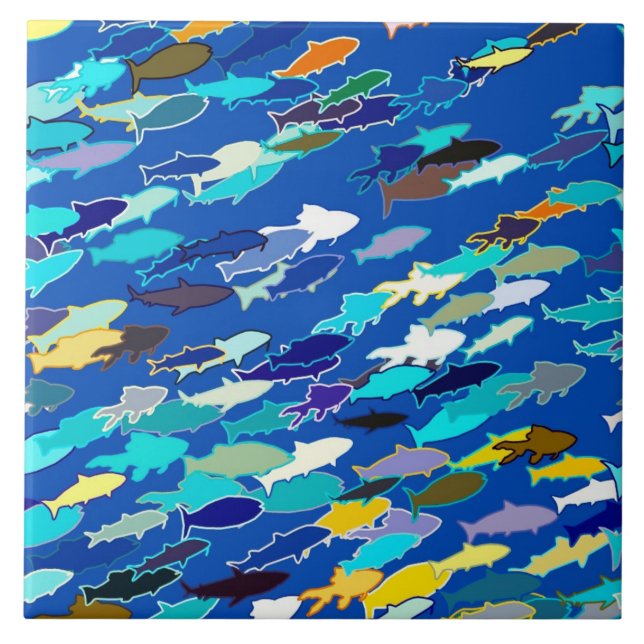 School of Fish, Dark Blue, White and Turquoise Tile (Front)