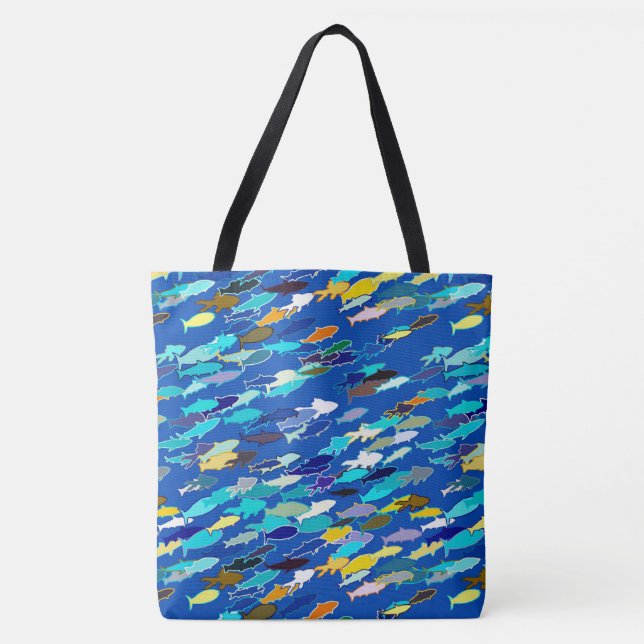 School of Fish, Dark Blue, White and Turquoise Tote Bag (Front)