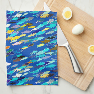 School of Fish, Dark Blue, White and Turquoise Towel