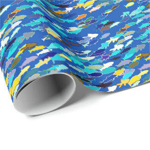 School of Fish, Dark Blue, White and Turquoise Wrapping Paper
