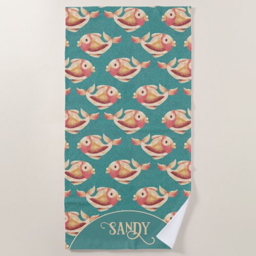 School of fish gold and teal beach coastal bliss beach towel