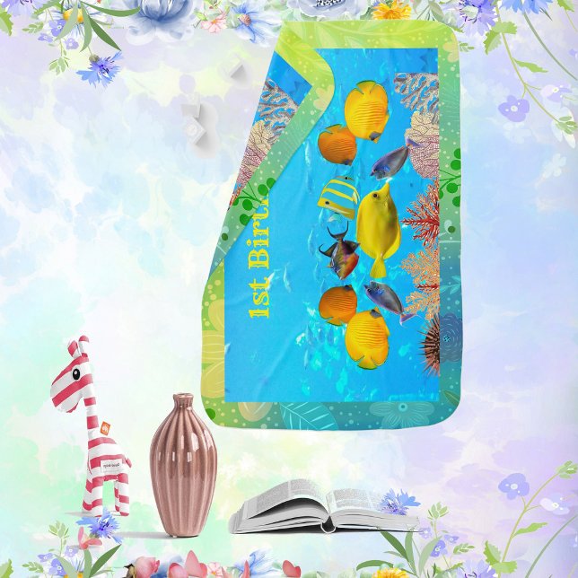 School of Fish in Blue Ocean Corals 1st Birthday Baby Blanket (Creator Uploaded)