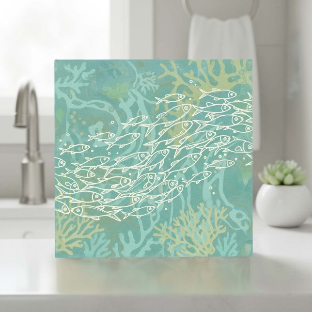 School of Fish in Coral Teal ID1198 Ceramic Tile (Creator Uploaded)