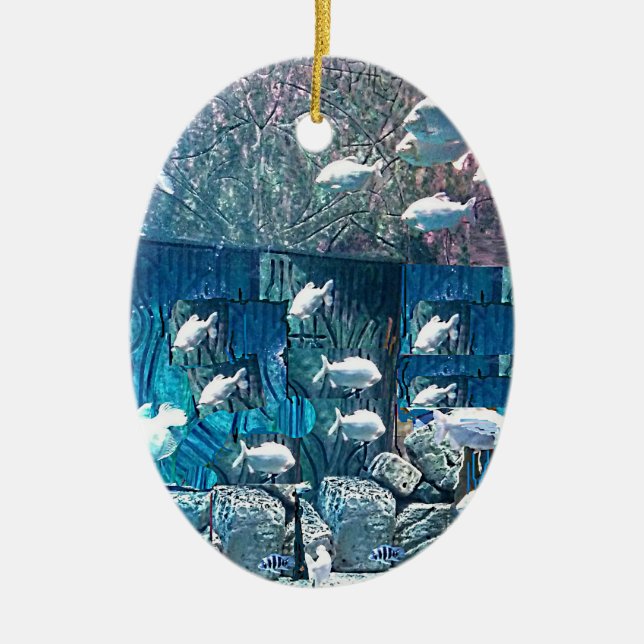 School of Fish in Ocean Rocks Ceramic Ornament (Front)