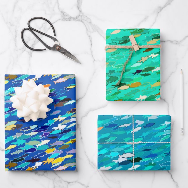 School of Fish, on Dark Blue, Aqua and Turquoise Wrapping Paper Sheets (Front)