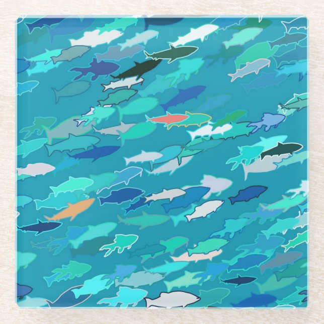 School of Fish, Turquoise,  Blue and Aqua  Glass Coaster (Front)