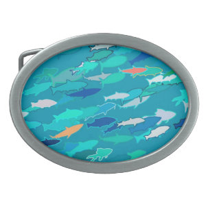 School of Fish, Turquoise, Blue and Aqua Oval Belt Buckle