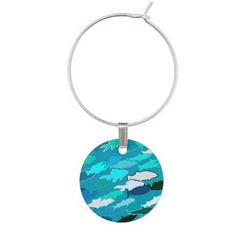 School of Fish Turquoise  Blue and Aqua  Wine Glass Charm