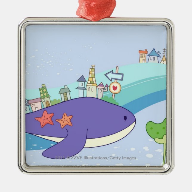 School of fishes swimming in underwater town metal ornament (Front)