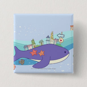 School of fishes swimming in underwater town pinback button
