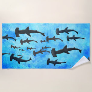 School of Hammerhead Sharks in Silhouette Beach Towel