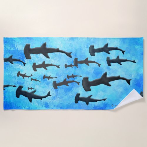 School of Hammerhead Sharks in Silhouette Beach Towel