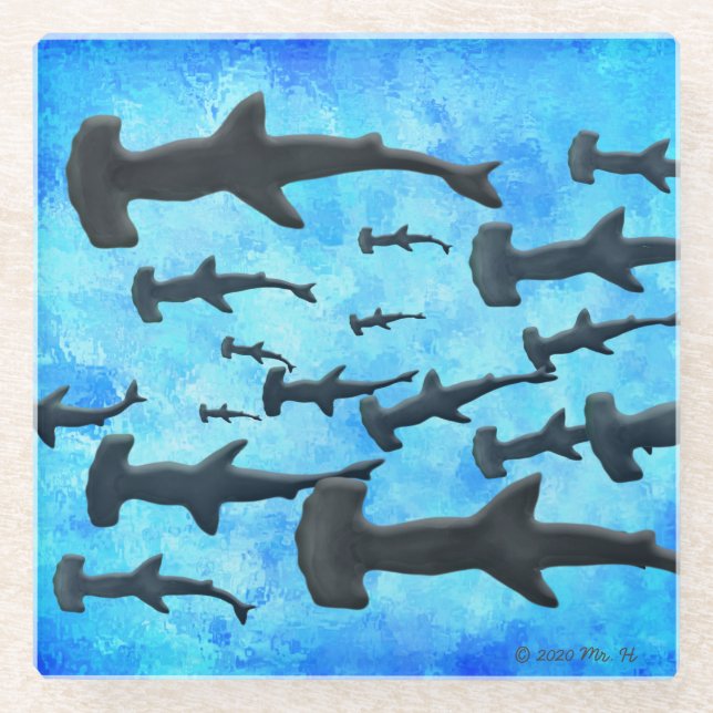 School of Hammerhead Sharks in Silhouette Glass Coaster (Front)