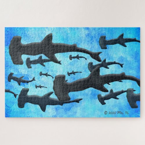 School of Hammerhead Sharks in Silhouette Jigsaw Puzzle