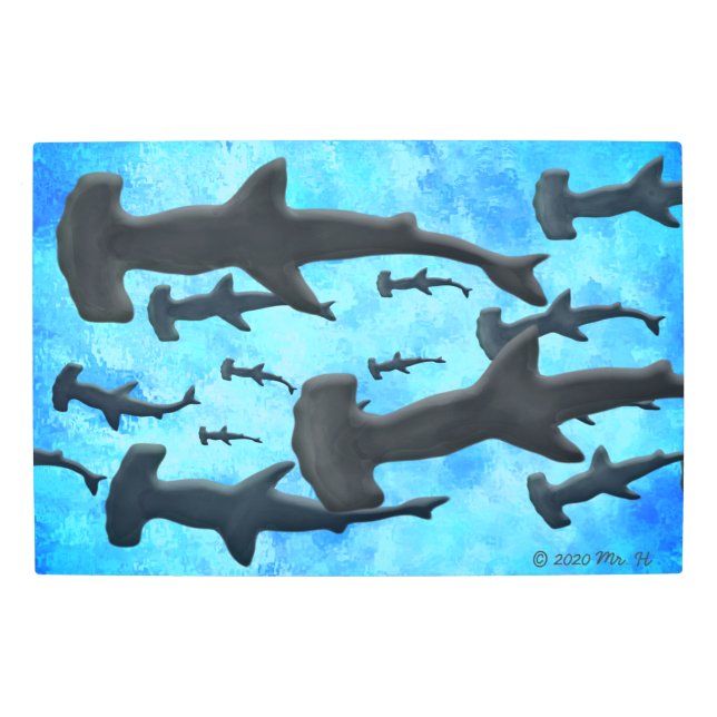 School of Hammerhead Sharks in Silhouette Metal Print (Front)