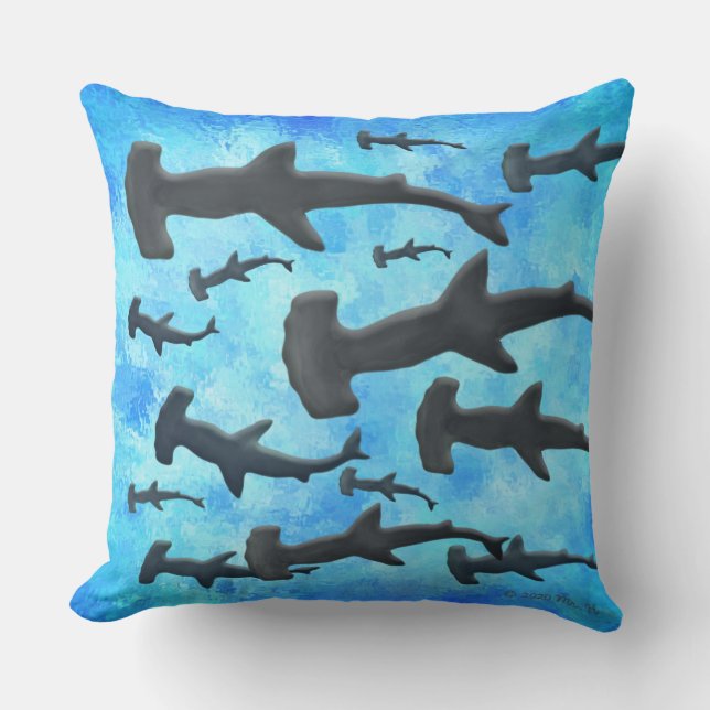 School of Hammerhead Sharks in Silhouette Outdoor Outdoor Pillow (Front)