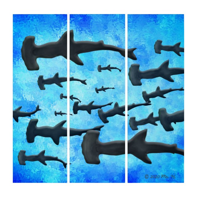 School of Hammerhead Sharks in Silhouette Triptych (Front)