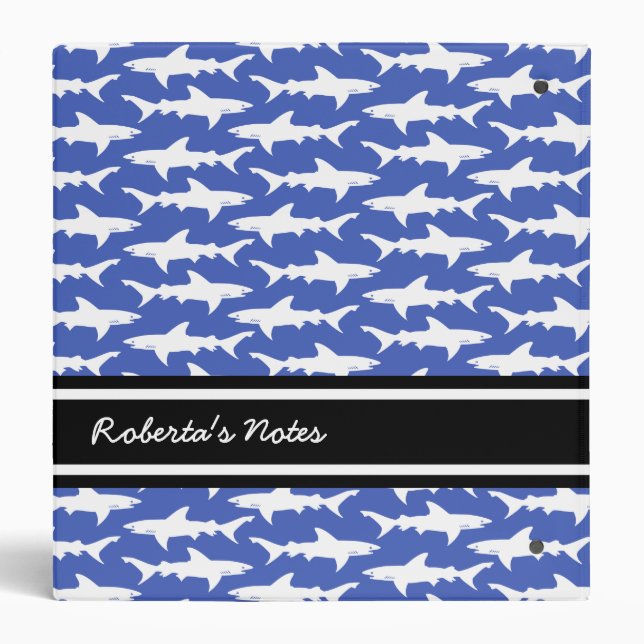 School of Sharks Funny Blue and White 3 Ring Binder (Back)