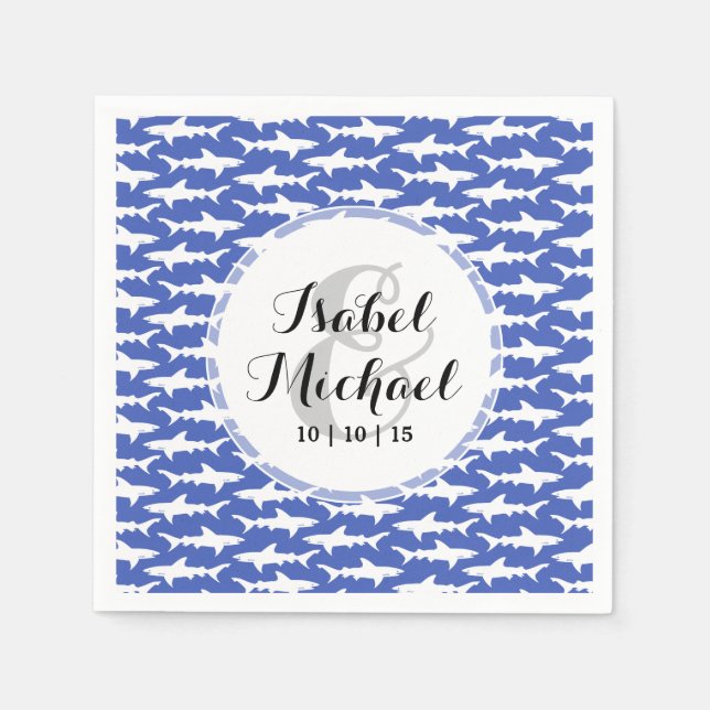 School of Sharks Funny Blue and White Paper Napkins (Front)