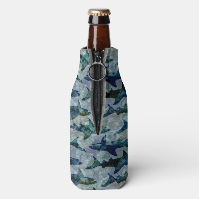 School of Sharks in Watery Blue Bottle Cooler (Bottle Back)