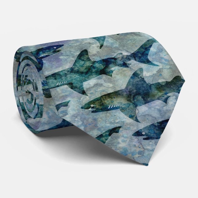 School of Sharks in Watery Blue Neck Tie (Rolled)