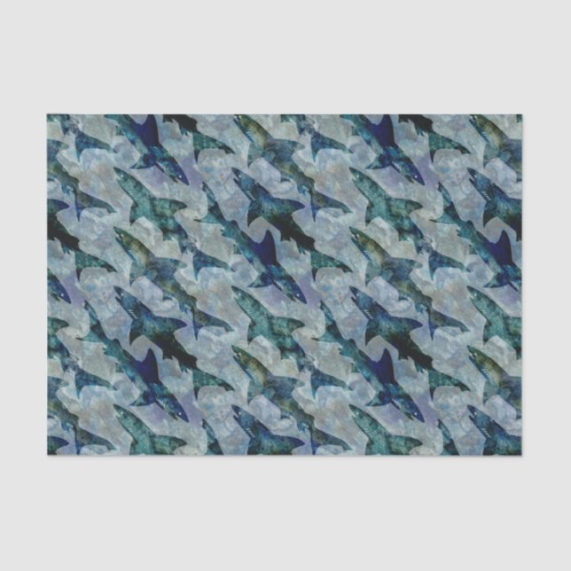School of Sharks in Watery Blue Tissue Paper (Front)