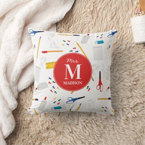 School Office  Crafts Supplies Pattern Monogram Throw Pillow