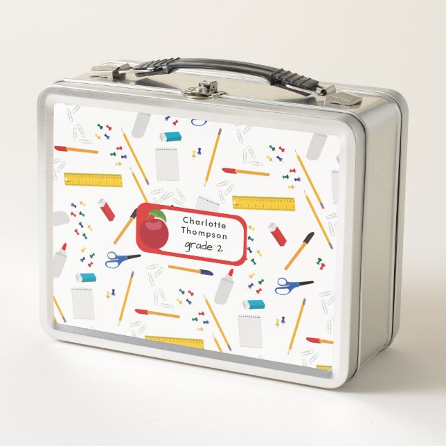 School Office & Crafts Supplies Pattern Student Metal Lunch Box (Front)
